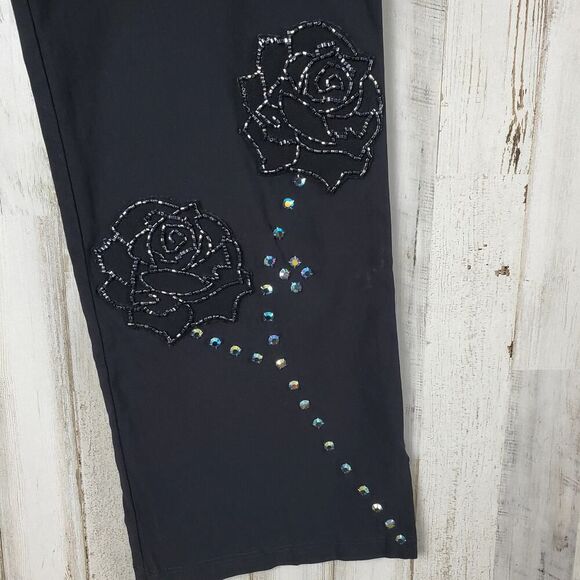 Nally & Millie Floral Rhinestone Pants Black Size Medium - Picture 2 of 7
